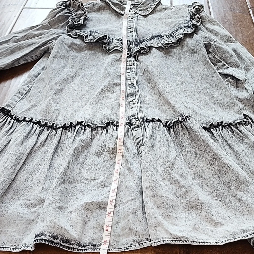 River Island Acid Wash Longsleeve Shirt Dress Pearl Button Down Size 12 - Picture 5 of 11